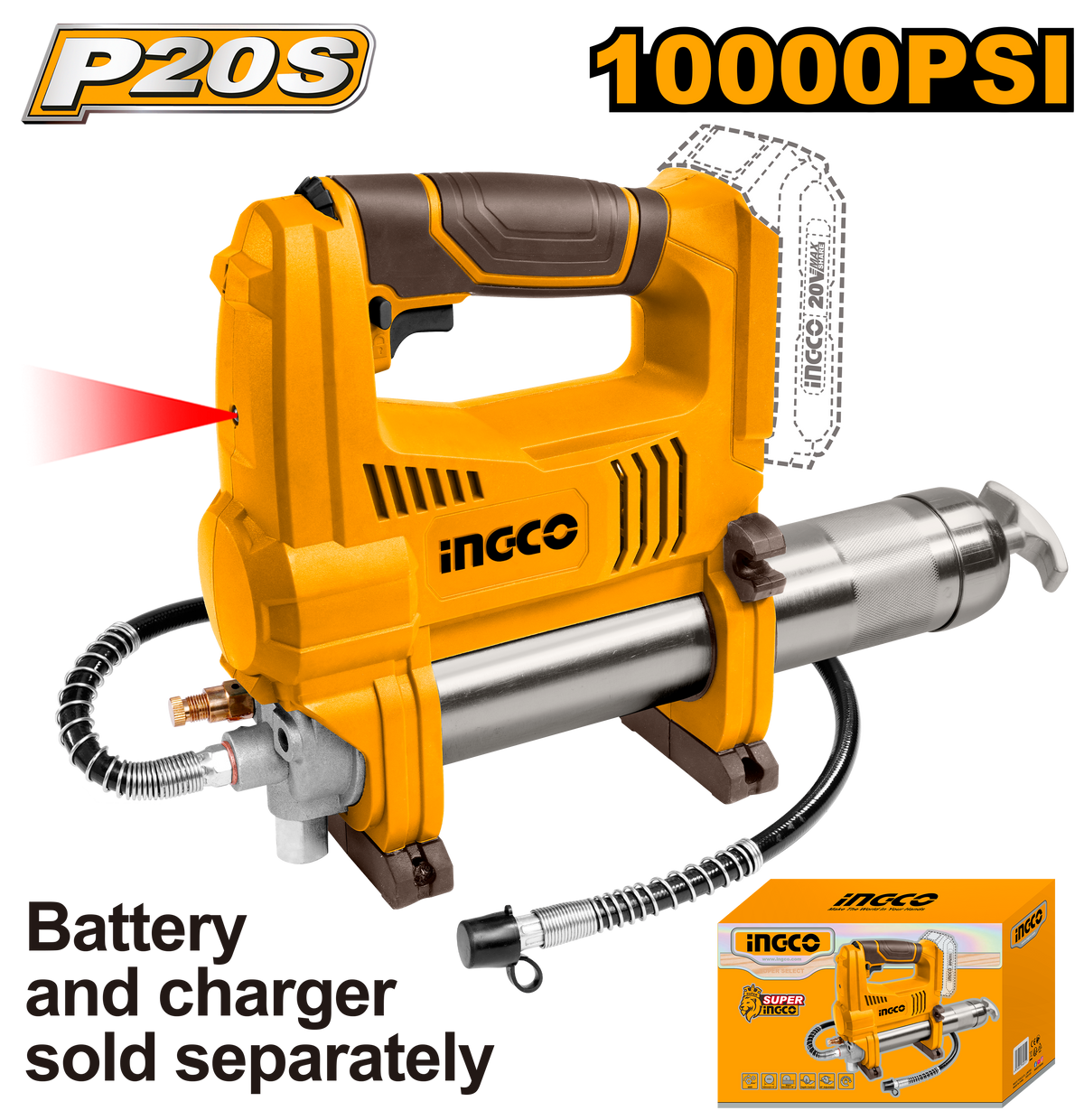 Ingco GGLI2010 20V Cordless Grease Gun with 30" Hose and High Pressure