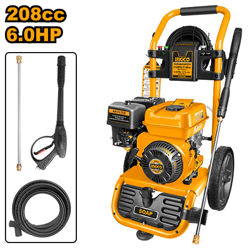 Ingco GHPW2003 Gasoline Pressure Washer - 3-Piston Axial Cam Pump, 6.0HP Max Output, 214Bar Max Pressure, 8.7L/min Flow Rate, OHV 4-Stroke Engine, 208cc Displacement