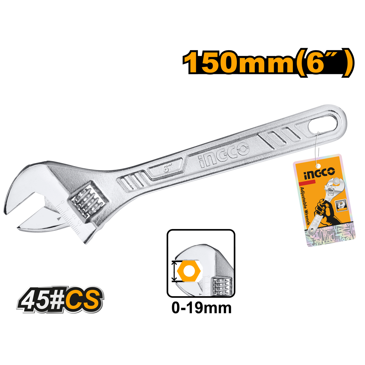 Ingco HADW131062 Adjustable Wrench - 6", Clamp Size: 0-19.2mm