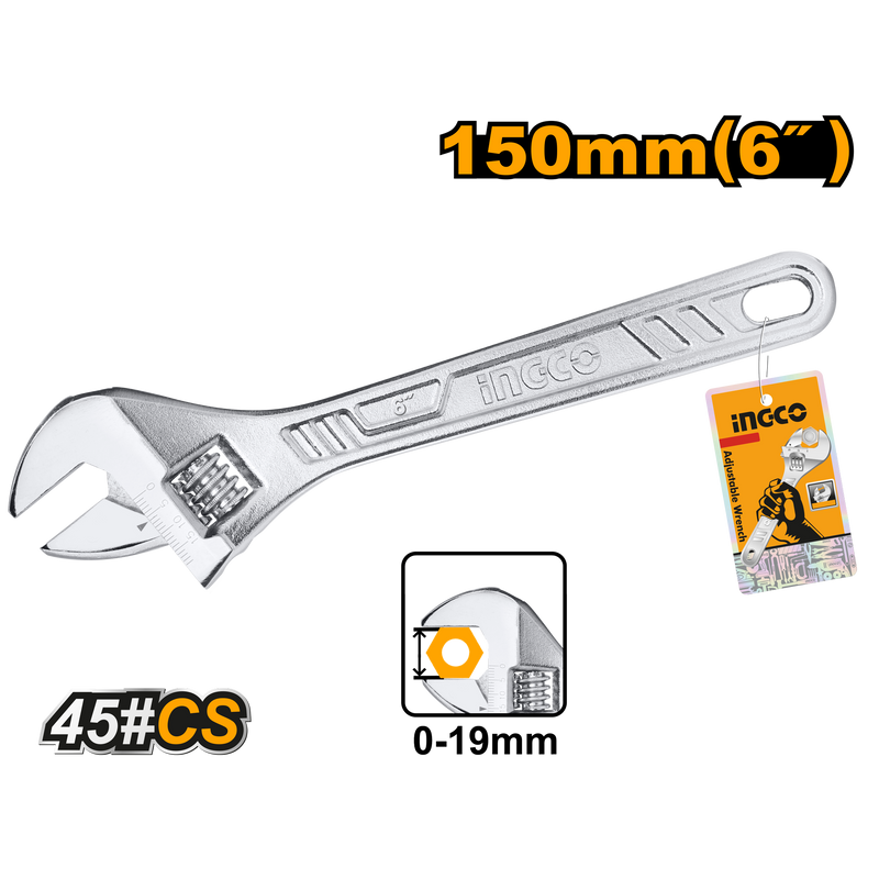 Ingco HADW131062 Adjustable Wrench - 6", Clamp Size: 0-19.2mm