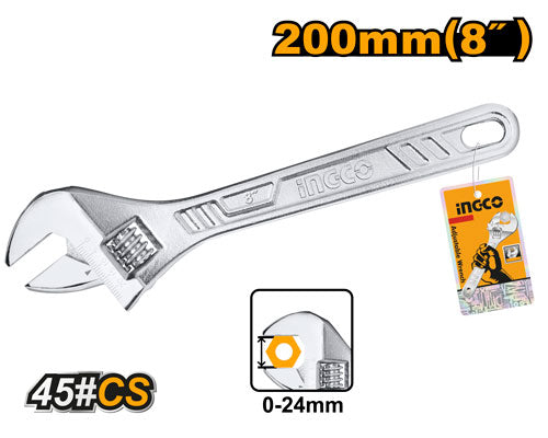 Ingco HADW131082 Adjustable Wrench, 200mm (8") Length