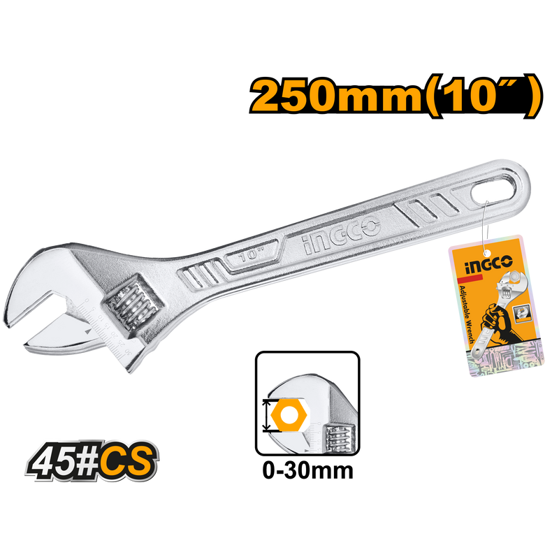 Ingco HADW131102 Adjustable Wrench - 10", Clamp Size: 0-30mm