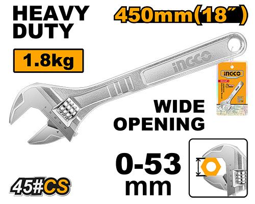 Ingco Adjustable Wrench HADW131182 - Adjustable Clamp Size 0-53mm, Length 450mm(18")