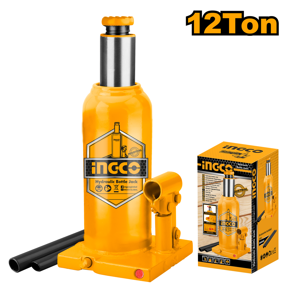 Ingco HBJ1202 Hydraulic Bottle Jack - 12 Ton Capacity, Min. 235mm to Max. 470mm Height
