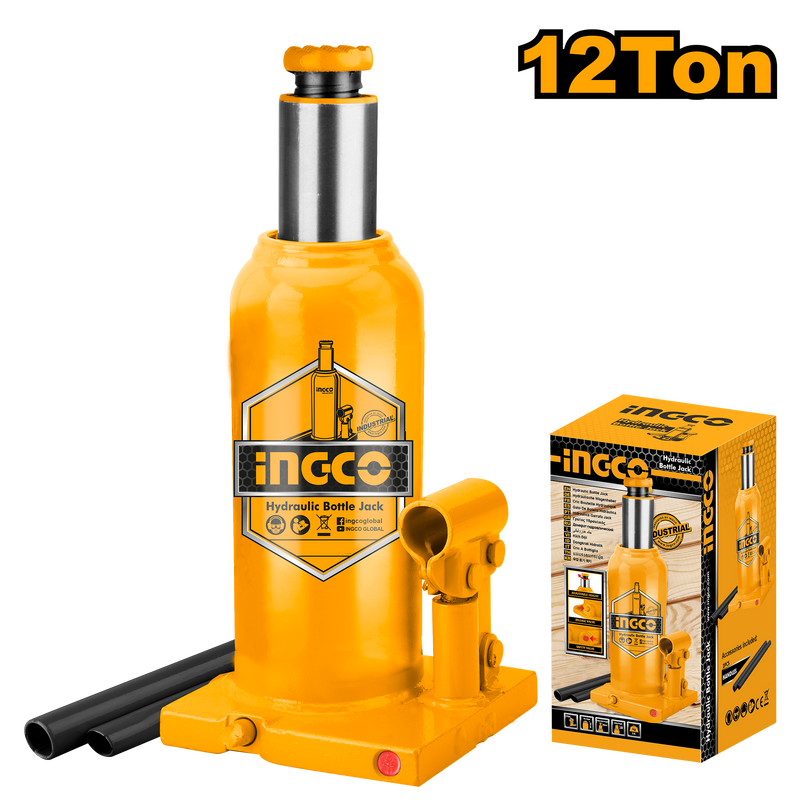 Ingco HBJ1202 Hydraulic Bottle Jack - 12 Ton Capacity, Min. 235mm to Max. 470mm Height