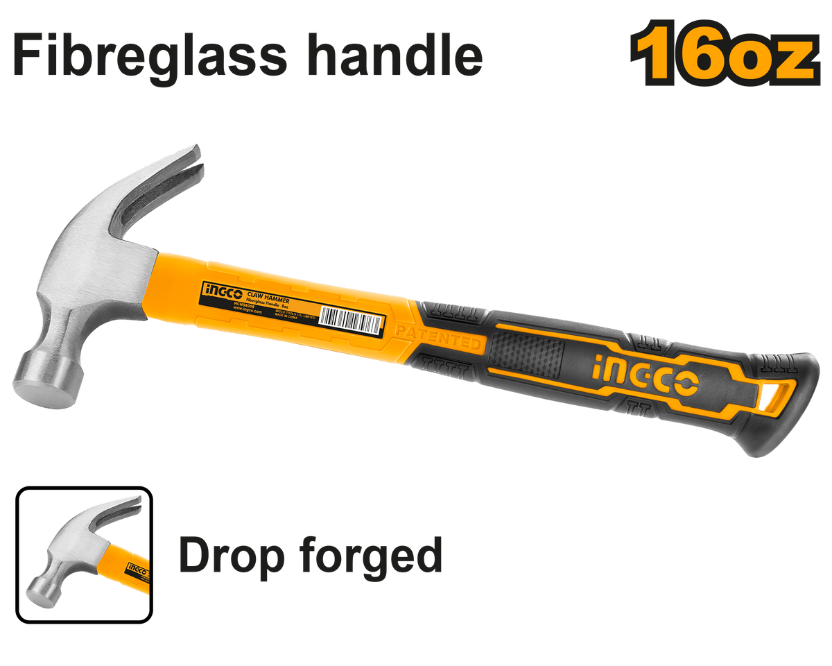 Ingco HCHS8016 Claw Hammer - 16oz (450g), Drop-Forged Hammerhead, Fiberglass Handle