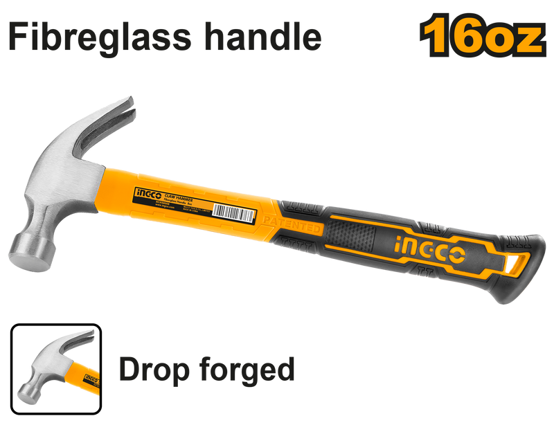 Ingco HCHS8016 Claw Hammer - 16oz (450g), Drop-Forged Hammerhead, Fiberglass Handle