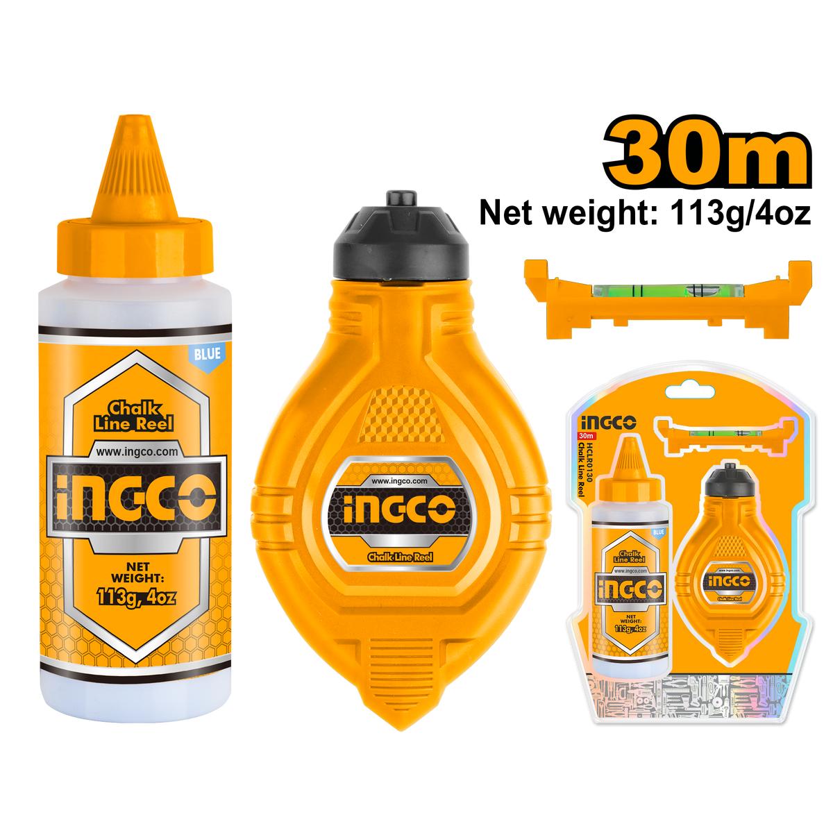 Ingco HCLR0130 30m Chalk Line Reel with Bonus Chalk, Spirit Bubble, and Blue Powder Bottle - Precision Marking Tool