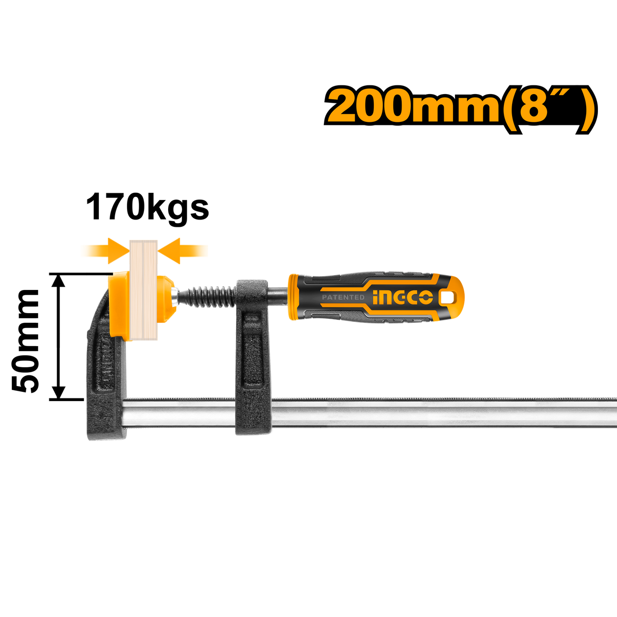 Ingco HFC020502 F Clamp with Plastic Handle - 50x200mm, Max Clamp Force: 170KGS
