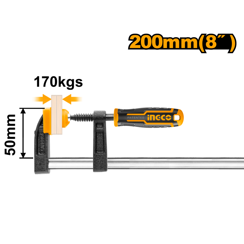 Ingco HFC020502 F Clamp with Plastic Handle - 50x200mm, Max Clamp Force: 170KGS