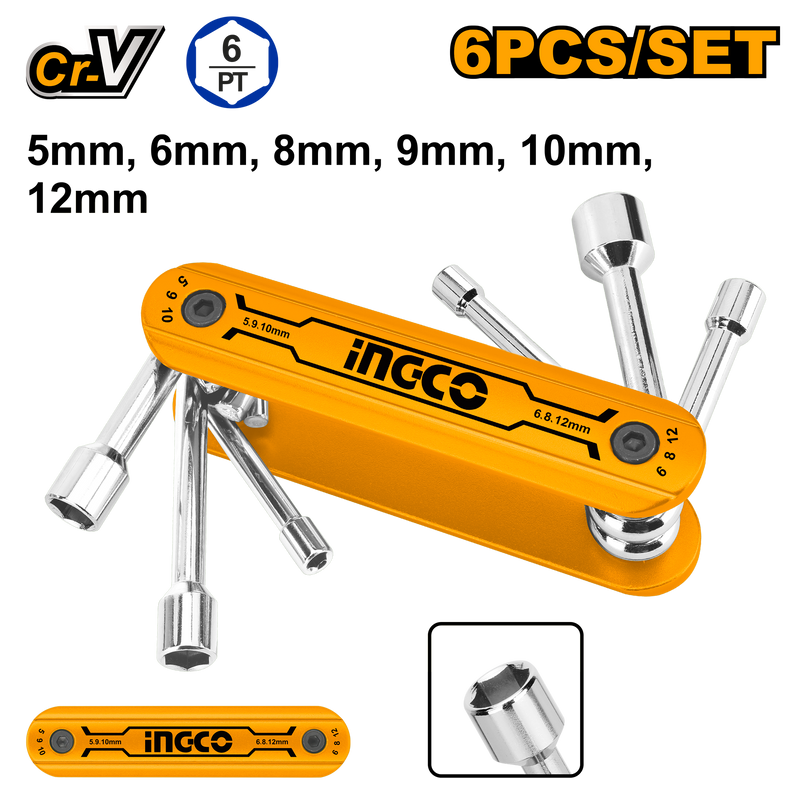 Ingco HFND0601: 6-Piece Folding Nut Driver Set - Compact and Convenient with Heat-Treated Cr-V+AL Material