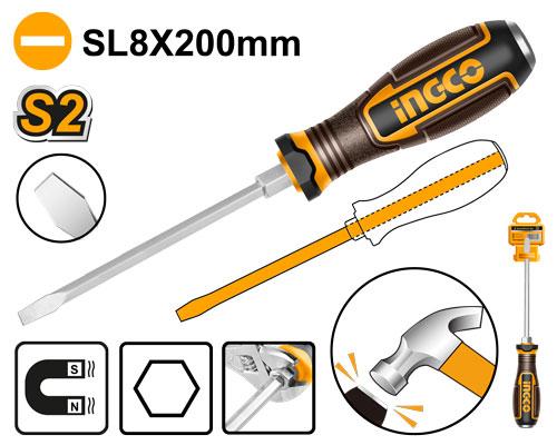 Ingco Slotted Go-through Screwdriver HGTSL8200 - Blade Length 200mm
