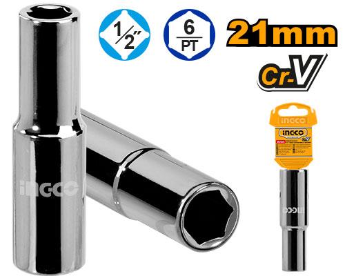Ingco 1/2" Deep Hexagonal Socket HHAST12213L - Size 21mm, Length 78mm