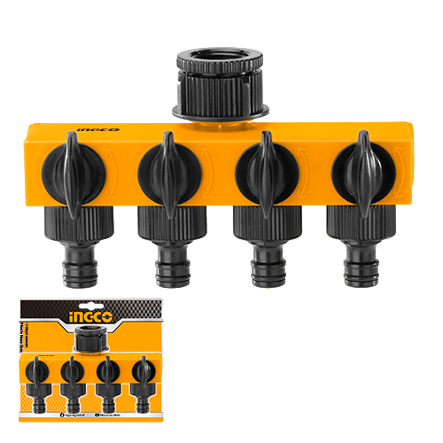 Ingco HHC1402 4-Channel Plastic Hose Connector with Shut-Off and Swivel Nut