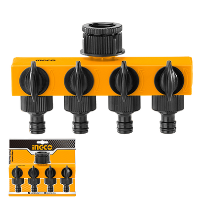 Ingco HHC1402 4-Channel Plastic Hose Connector with Shut-Off and Swivel Nut