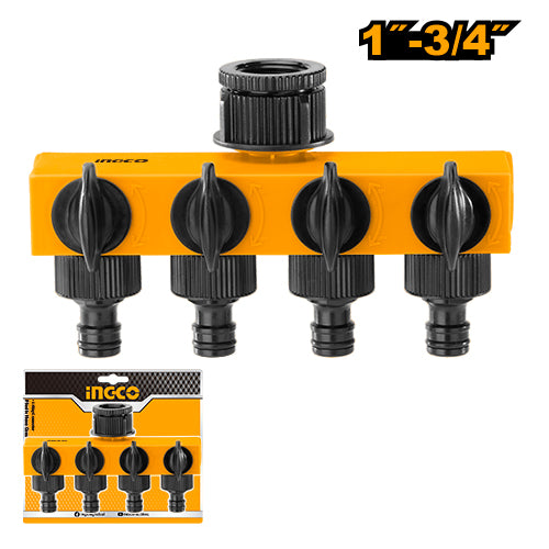Ingco HHC1402 4-Channel Plastic Hose Connector with Shut-Off and Swivel Nut