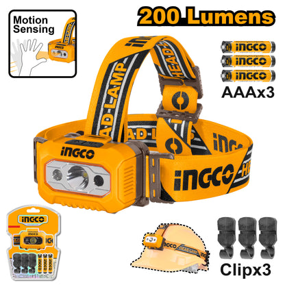 Ingco HHL013AAA8 Headlamp - 200 Lumens, IPX4 Waterproof, 91m Beam Distance