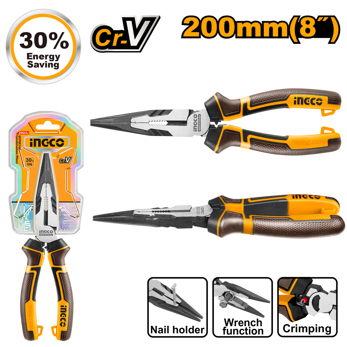 Ingco HHLNP28200 8-inch High Leverage Long Nose Pliers - Cr-V, Black Finish, TPR Three-Color Handle