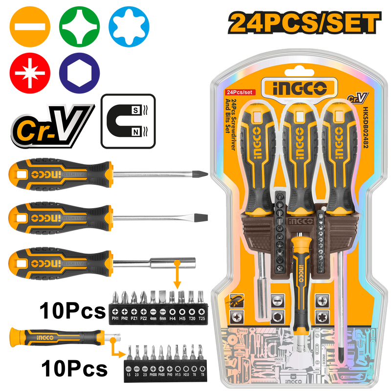 Ingco HKSDB02482 24-Piece Screwdriver and Bits Set - Magnetic Shank, Precision Screwdriver