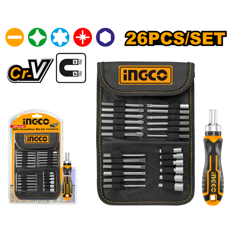 Ingco HKSDB0268 26-Piece Screwdriver Bit Set - Unique Design Ratchet Holder, Power Sleeves