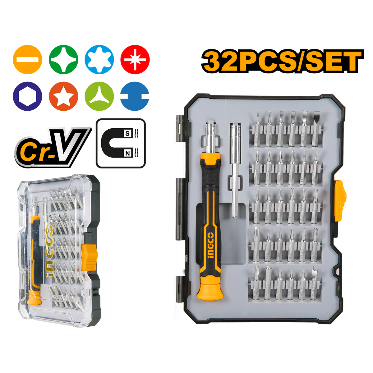 Ingco HKSDB0348 32-Piece Precision Screwdriver Set - Unique Design Handle, Bits Holder