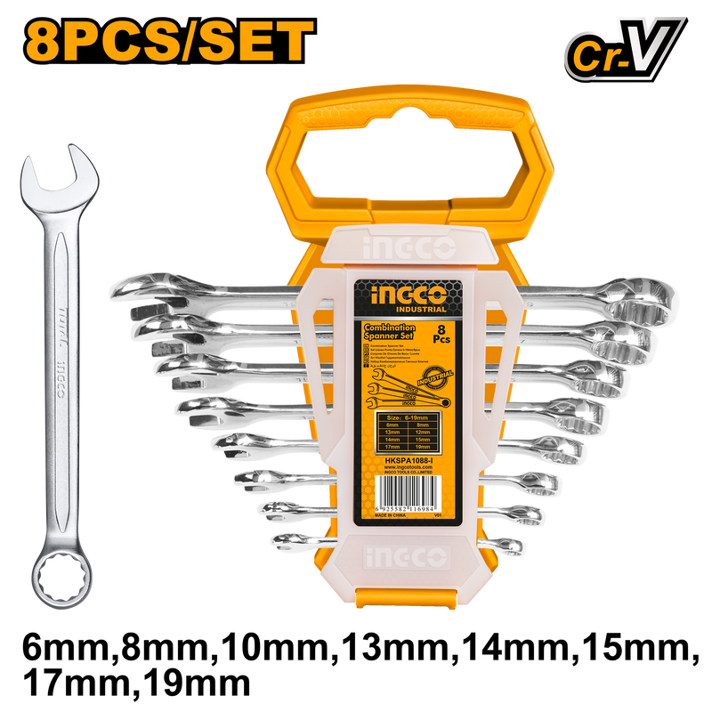 Ingco HKSPA1088-I 8pcs Combination Spanner Set - 6-19mm, Fine Polished