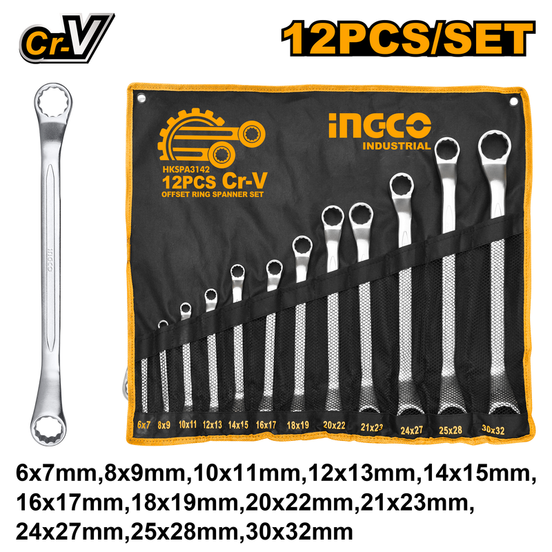 Ingco HKSPA3142 12-Piece Offset Ring Spanner Set - Sizes 6-32mm, Fine Polished