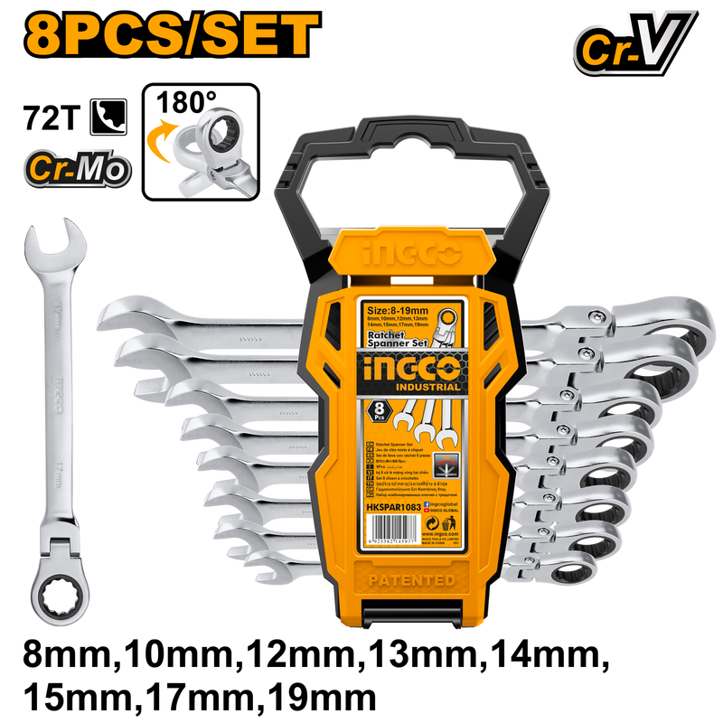 Ingco HKSPAR1083: 8 Pcs Flexible Ratchet Spanner Set - High-Quality Cr-Mo Construction, Sizes 8-19mm, Fine Polished, CR-V, Plastic Hanger Packaging