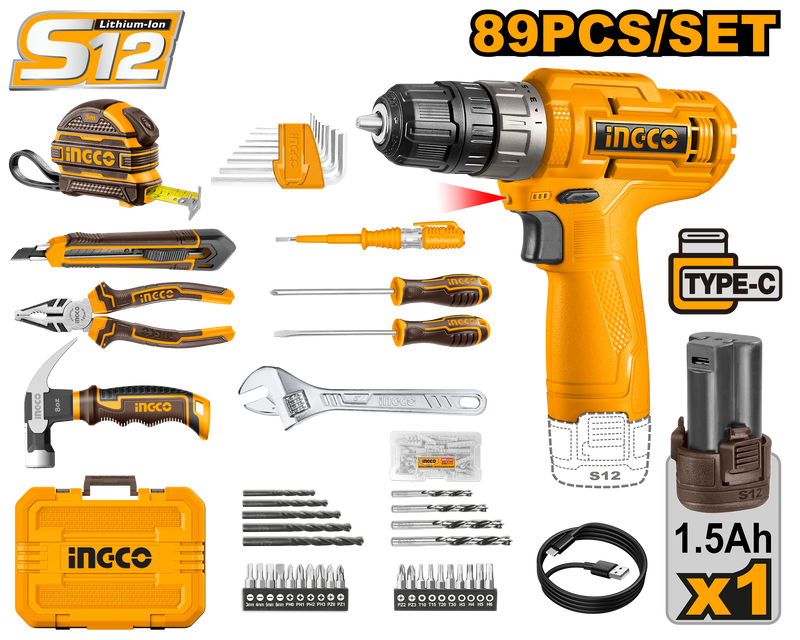 Ingco HKTHP10891 89-Piece Tool Set 12V Cordless Drill, Hand