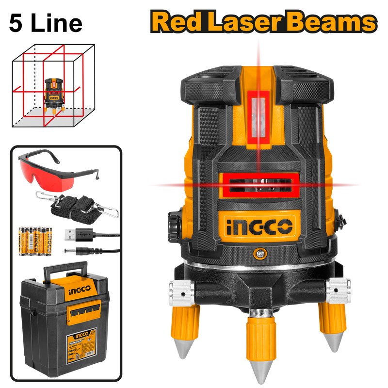 Ingco HLL306505 Self-Leveling Line Laser - Red Laser Beams, 5 Lines, and Cross Lock Function for Accurate Levelling