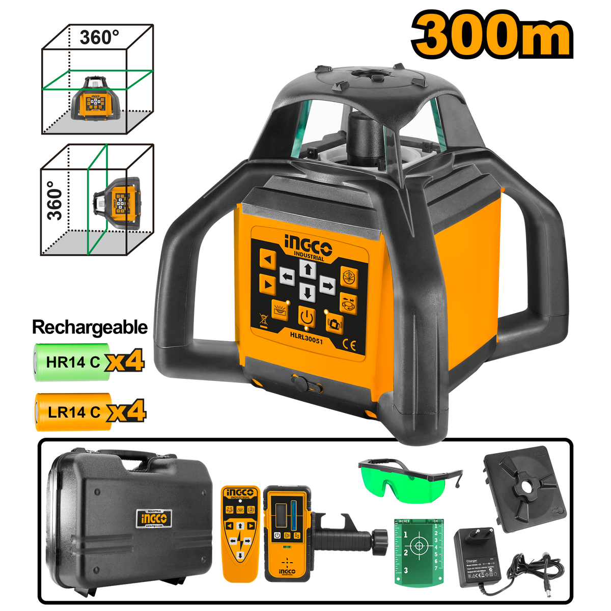 Ingco HLRL30051 Self-Leveling Rotary Laser Level - Green Laser Beams, 300m Outdoor Range