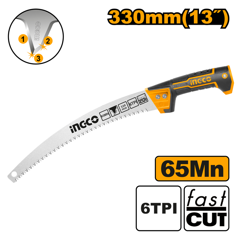 Ingco HPS33028C: 13-inch Pruning Saw - 65Mn Material, 6TPI, Triple Teeth, Precision Ground Teeth, Fast Cut, Color Sleeve Packaging