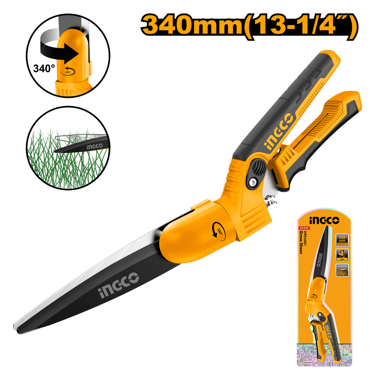 Ingco HPS3401: 340° Grass Shear - 13-1/4'', 180mm Blade, Heat Treatment, Non-Stick Coating, ABS Handle with TPR Grip