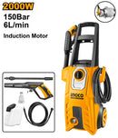 Ingco HPWR20008 High Pressure Washer - 2000W, 220-240V, 150Bar (2200PSI), 6.0L/min Flow Rate, Auto Stop System, Includes Accessories