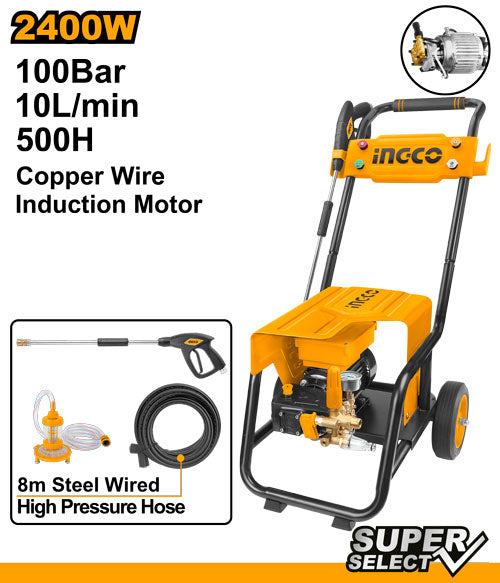 Ingco HPWR30018 High Pressure Washer (For Commercial Use) - 2400W, 220-240V, 100Bar (1450PSI), 10L/min Flow Rate, 500 Hours Lifetime, Includes Accessories