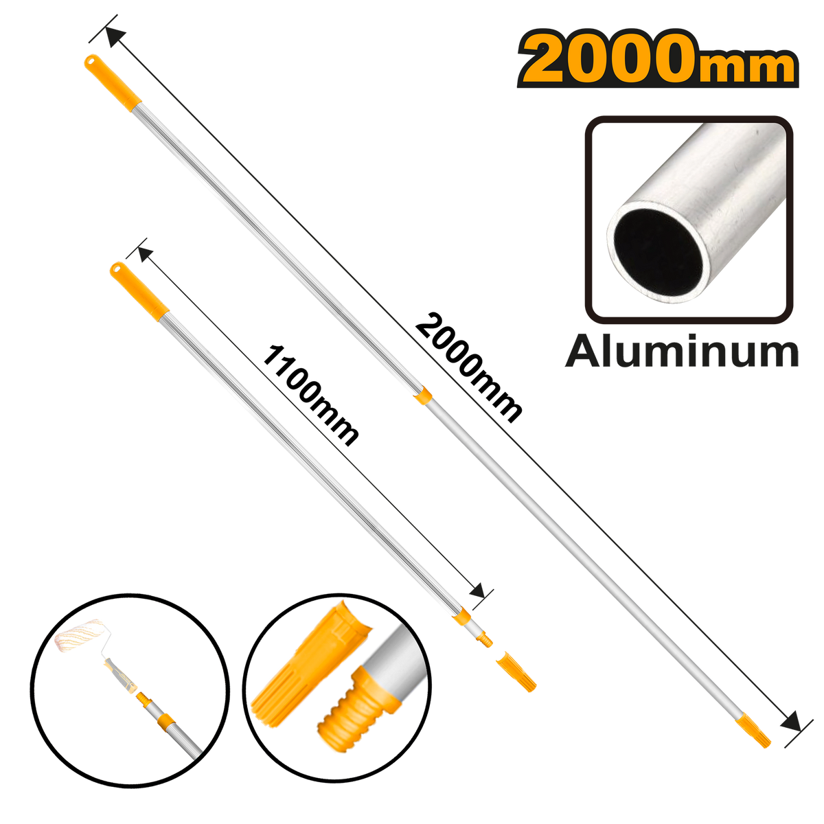 Ingco HRCEP0201: Telescopic Rod - Aluminum Construction, 110cm Folding Size, 200cm Extended Length, Screw Connection, Insert Function, Labeled Packaging