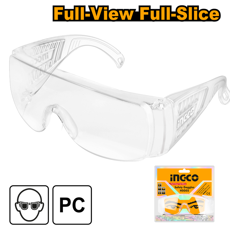 Ingco HSG05: Safety Goggles, ANSI Z87.1 and CE EN166 Certified, Full-View Full-Slice Structure, UV and Impact Protection, Double Blister Packaging