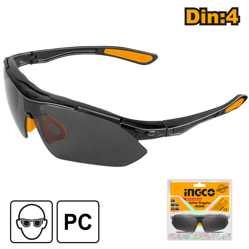 Ingco HSG08: Economical Wrap Around Safety Goggles with PC Material, Dark Shade 4, Lightweight, Comfortable, Wide Visual Field, Indoor/Outdoor Lenses