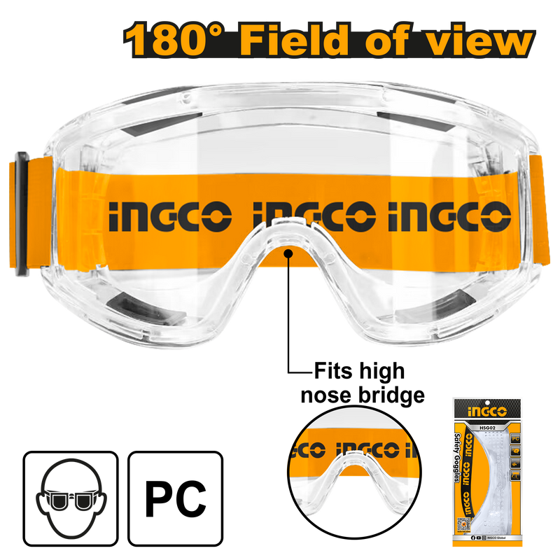 Ingco HSG10: Safety Goggles with 180° Large Field of View, Supple PVC Frame, Unique Air Hole Design, High-Impact Polycarbonate Lenses, Comfortable