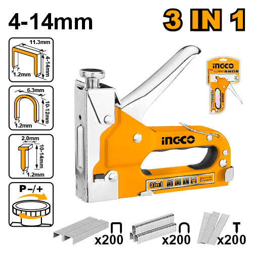 Ingco HSG1405 3-in-1 Staple Gun with Adjustable Driving Force and 600pcs Assorted Staples and Brad Nails