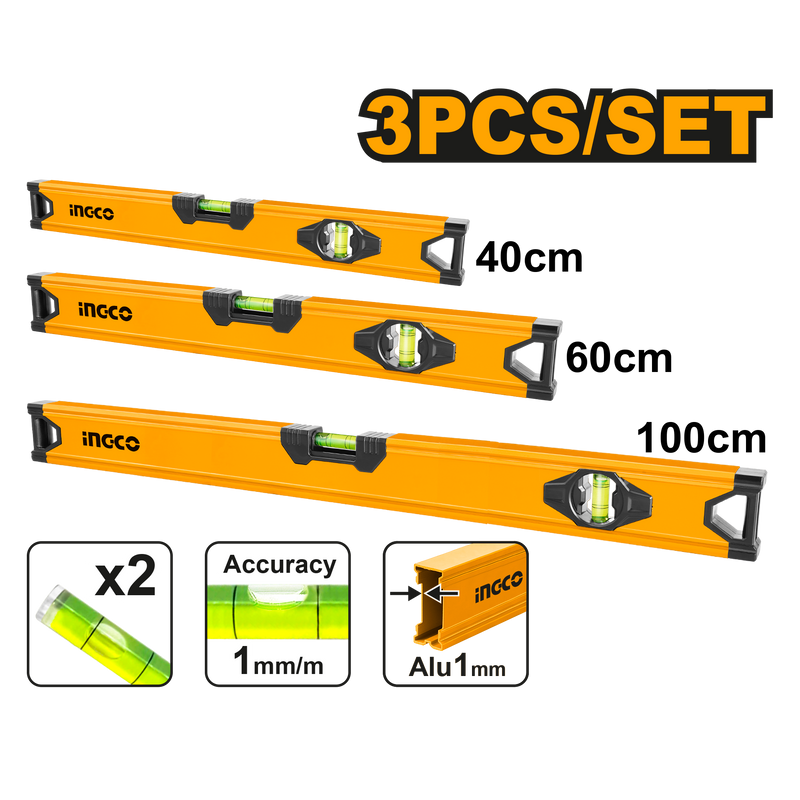 Ingco HSL10403 3-Piece Spirit Level Set - Precise Measurements for Every Project