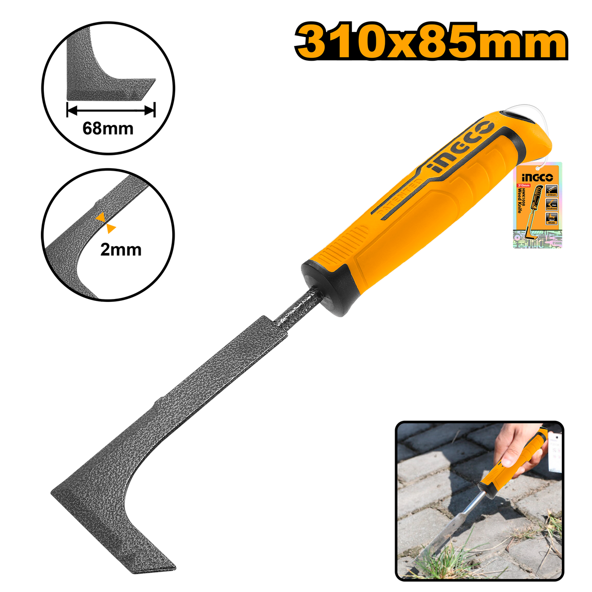 Ingco HWK1008: 310mm Weed Knife - Unique Design Patent Handle, 68mm Width, 8.0mm Main Rod, Carbon Steel, Paper Card Packaging
