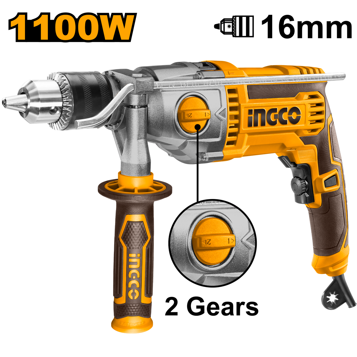 Ingco ID211008 Impact Drill - 1100W, Variable Speed, Hammer Function, Dual Mechanical Gearbox