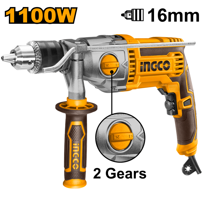 Ingco ID211008 Impact Drill - 1100W, Variable Speed, Hammer Function, Dual Mechanical Gearbox