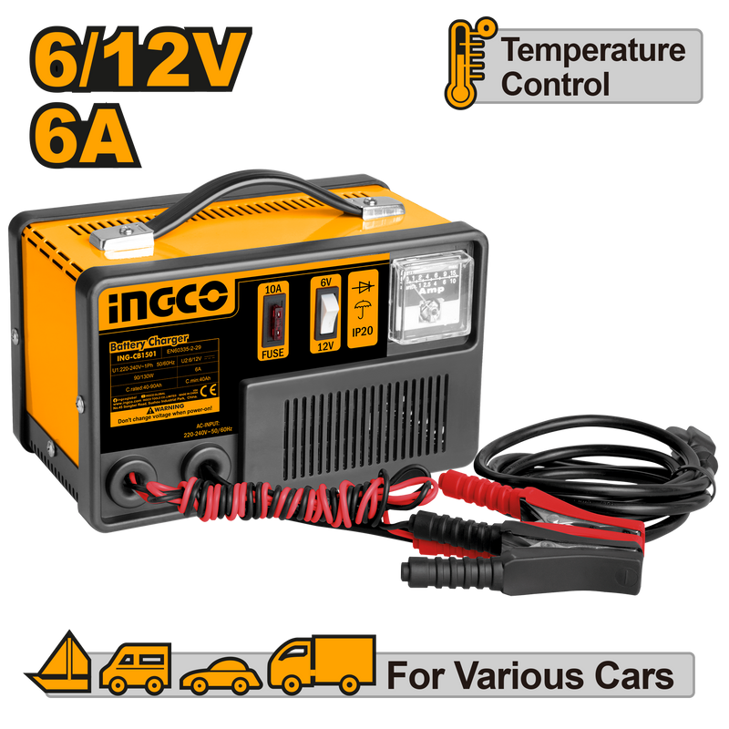 Ingco ING-CB1501 Battery Charger - 6A, 6/12V, 40-90Ah