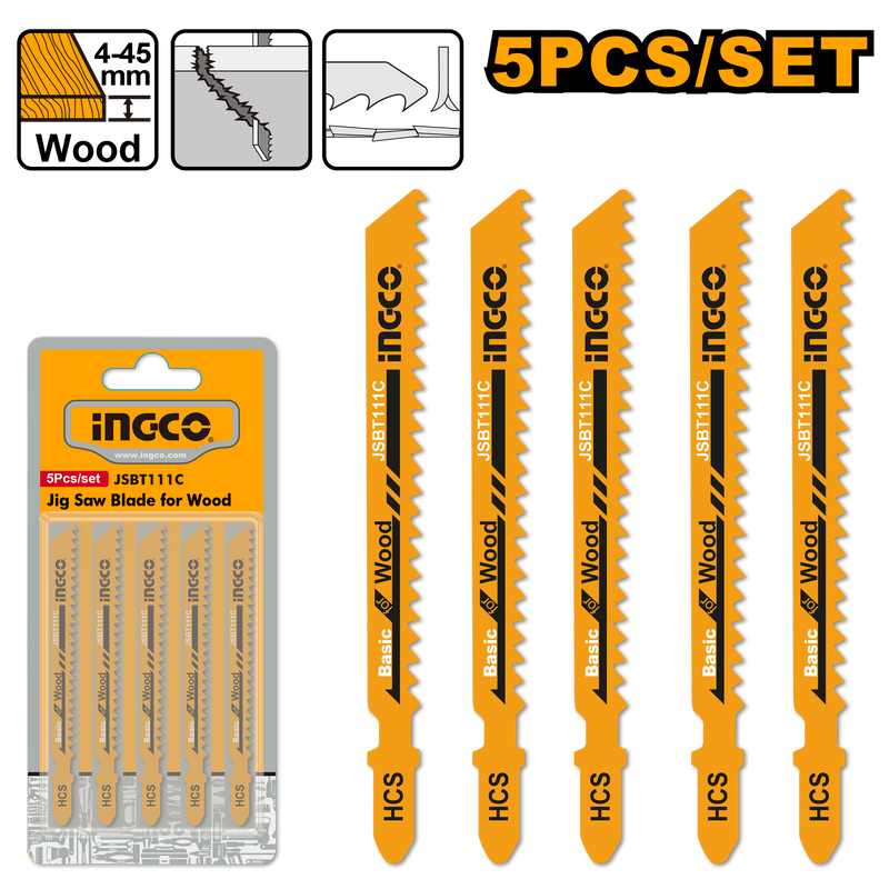 Ingco JSBT111C Jig Saw Blade for Wood - 74mm, 8TPI, HCS, Milled, 5pcs/Set