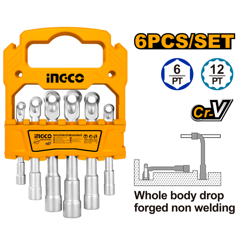 Ingco LASWT0601: L-Angled Socket Wrench Set - 6 Pcs, Sizes 7mm to 14mm, Cr-V, Drop-Forged, FACOM Quality Level, Plastic Hanger Packaging