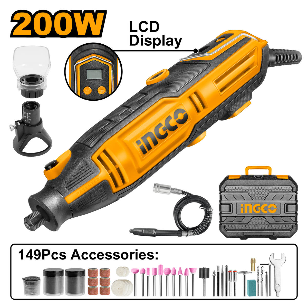 Ingco MG2008 Mini Grinder - 200W, Variable Speed, LCD Display, 149 Accessories