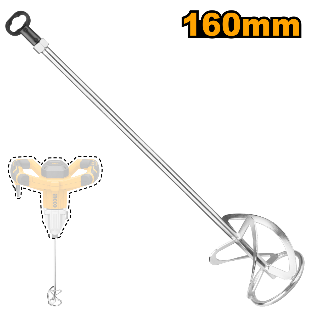 Ingco MP1160: 160mm Diameter Mix Paddle - Efficient Mixing with 600mm Length and M14x2 Tool Fitting
