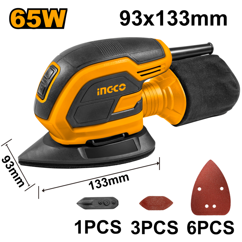 Ingco MS6505 Palm Sander - 65W, 11000rpm, Includes Sanding Accessories
